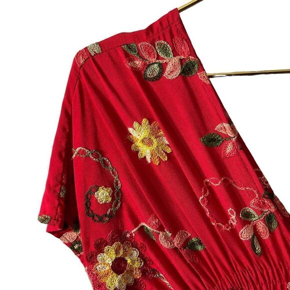 Cacharitey Made in Mexico Smocked Embroidered Double V Midi Dress - Picture 4 of 9